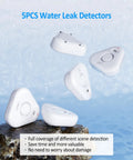 5 Pack Water Leak Detectors for Home With 4 Levels Audible Alarm 0 to 120 dB IP66 Water Sensor floating over water background