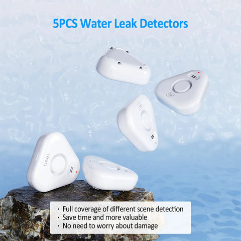 5 Pack Water Leak Detectors for Home With 4 Levels Audible Alarm 0 to 120 dB IP66 Water Sensor floating over water background