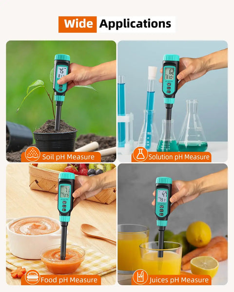 Soil pH Tester With High Accuracy Digital pH Meter for versatile applications including soil, solution, food, and juice measurements.