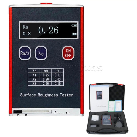 Digital Roughness Tester And Portable Profilometer With 0.01μm Precision LED Display Measuring Ra Rq Rz Rt shown with accessories