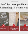 Image showing three common dust bag issues: thin material, missing edge sealing, and bag leakage.