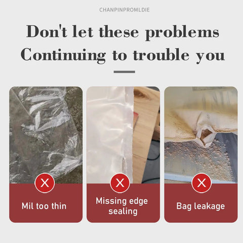 Image showing three common dust bag issues: thin material, missing edge sealing, and bag leakage.
