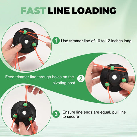 Fast line loading of Universal Weed Eater Head With Fast Load Trimmer System No Fuss Install Includes Bolts And Nuts 12 0.095 Inch Trimmer Line Works With Echo Stihl Husqvarna Dewalt Ego Ryobi And More shown with hands guiding line through holes.