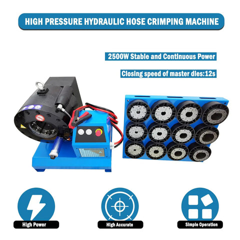 Pro Grade Electric Hose Crimper For Hydraulic Tubing And Steel Pipes 1/4 To 2 Inch with multiple crimping dies.
