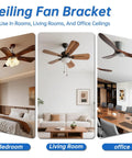 Universal Ceiling Fan Mounting Bracket Kit with decorative cover installed in bedroom, living room, and office settings