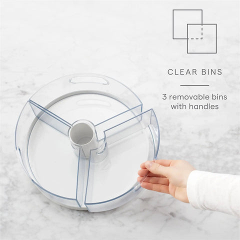 360 Degree Rotating Lazy Susan Organizer With 3 BPA Free Removable Clear Bins With Handles for kitchen storage, hand reaching