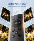 Remote control showcasing dimmable settings for 100 Ft LED Outdoor String Lights with ST38 bulbs at various brightness levels.