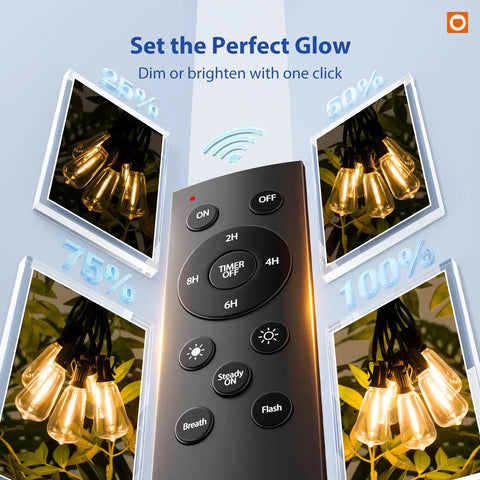 Remote control showcasing dimmable settings for 100 Ft LED Outdoor String Lights with ST38 bulbs at various brightness levels.
