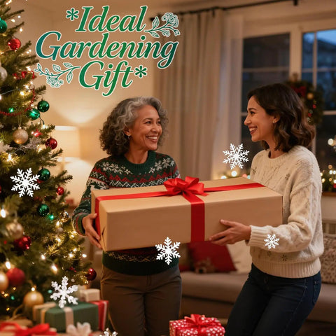 Two people exchanging a gift box labeled 'Ideal Gardening Gift' in holiday-decorated living room with a Christmas tree.