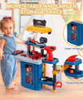 Child playing with 3 In 1 Kids Tool Workbench Set With Battery Drill, Convertible Toddler Tool Bench For Pretend Play, Realistic Hammer Saw