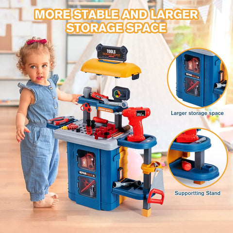 Child playing with 3 In 1 Kids Tool Workbench Set With Battery Drill, Convertible Toddler Tool Bench For Pretend Play, Realistic Hammer Saw