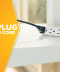 SlimLine Indoor Flat Extension Cord 8 Ft With Right Angle Plug, 16 Gauge, Three Grounded Outlets, White on Table