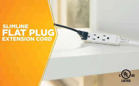 SlimLine Indoor Flat Extension Cord 8 Ft With Right Angle Plug, 16 Gauge, Three Grounded Outlets, White on Table