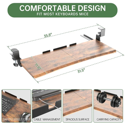 Extra Large Under Desk Keyboard Tray With Slide Out Design, Sturdy C Clip Mount System, 31.5 Inch Wide Surface And 11.8 Inch Pull Out Drawer