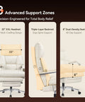 Side view of 160 Degree Reclining Office Chair With Footrest Ultra Plush Cloud Cushion Comfy Adjustable Seat Depth 420 Pound Heavy Duty High Back Leather Desk Chair For Home Office Cream with 22” XXL headrest and triple-layer backrest.