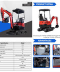 Compact 4,000 Lb Terror XVIII Mini Excavator Diesel Machine for gardens, farms, parks and roads, with specifications chart shown