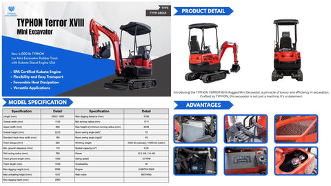 Compact 4,000 Lb Terror XVIII Mini Excavator Diesel Machine for gardens, farms, parks and roads, with specifications chart shown