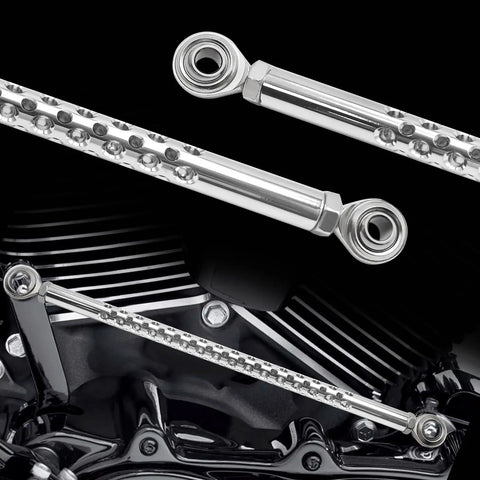 Chrome Gear Shift Linkage Replacement For Harley Davidson Touring Softail Dyna Trike Fatboy Electra Street Road Glide Wide Glide 1987 To 2021 Boss Chrome Build Made From Billet Aluminum With Smooth Operation And Easy Adjust For Crisp Precise Shifts. Chrome billet aluminum gear shift linkage installed on Harley-Davidson engine