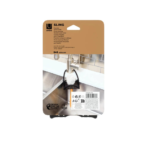 Flexible Sling Sponge Holder for Kitchen Sink No Suction Cups Non Slip Caddy That Grips Faucets and Sink Dividers in packaging