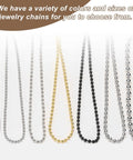 Variety of stainless steel ball chains in different colors and sizes for jewelry making accessories.