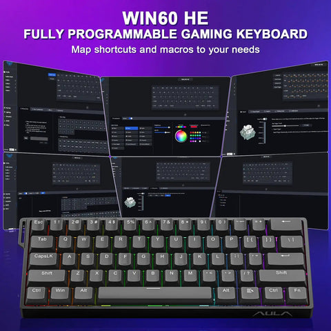 Slick Sixty Percent Wired Mechanical Keyboard Featuring Hall Effect Magnetic Switches With Adjustable Rapid Trigger Mode And An Insanely Fast 8000Hz Polling Rate Plus Hotswappable Pcb And Fully Customizable Rgb For Gamers Locked Into Dominant Gameplay, showing key layout and customization settings.