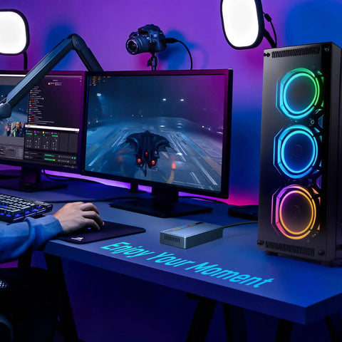 Blazing Fast M.2 NVMe SSD Enclosure With Slick RGB Design And 40Gbps USB4 To Type C Adapter on a gaming desk.