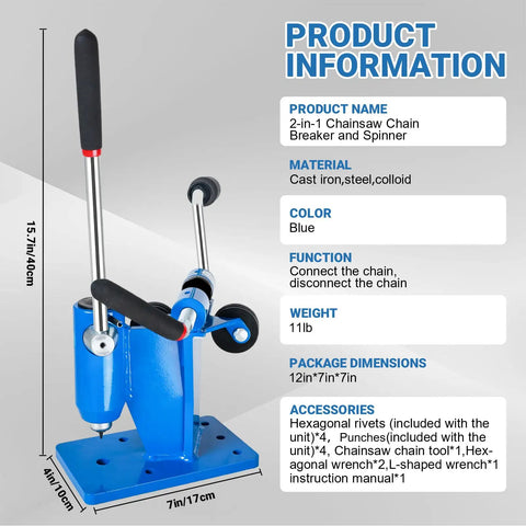 Blue 2 In 1 Chainsaw Chain Breaker And Spinner Tool Kit with dimensions and features listed in product information panel