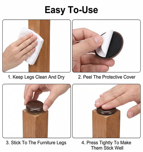 Instructions to use Twelve Pack Chair Sliders For Carpet And Hardwood Featuring Grip Tight Self Adhesive Backing.