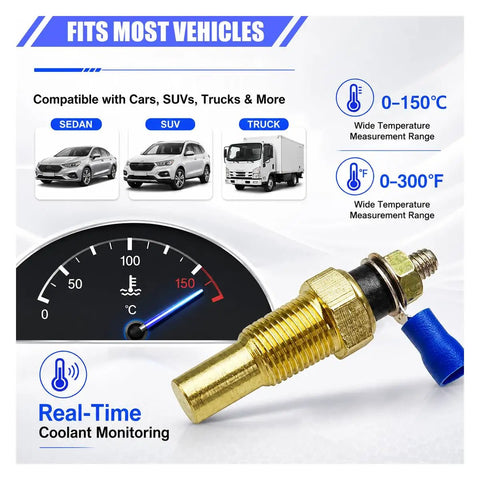 Universal Water Coolant Temperature Sensor 1/8 NPT Thread with brass body for real-time monitoring in various vehicles.