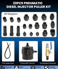 23pcs Diesel Injector Puller Tool Kit With Pneumatic Impact Air Tool for Bosch Cummins Siemens Denso engines, adapters shown