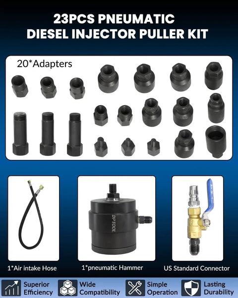 23pcs Diesel Injector Puller Tool Kit With Pneumatic Impact Air Tool for Bosch Cummins Siemens Denso engines, adapters shown