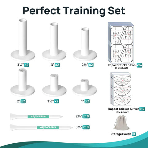 68 Pcs Golf Mat Tees Set With Rubber Tees for Simulators, Bamboo Tees, Impact Tape, and Storage Pouch Displayed