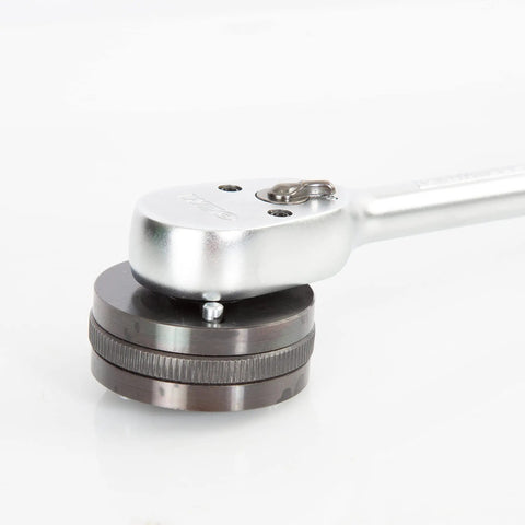 2 And 3 Pin Brake Rewind Adapter Set For Disc Brakes, Fits Three Eighths Inch Drive Ratchets shown attached to a ratchet tool
