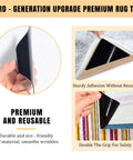 Ultra Thin Rug Tape Set With 12 Reusable Sheets, shown in hands, applied under corner of carpet on hardwood floor.