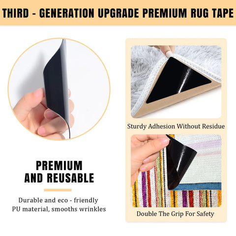 Ultra Thin Rug Tape Set With 12 Reusable Sheets, shown in hands, applied under corner of carpet on hardwood floor.