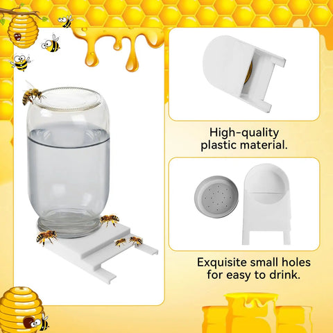 Six Pack Front Bee Feeders For Hives with perforated lids holding a mason jar, feeding bees, made of high-quality plastic material