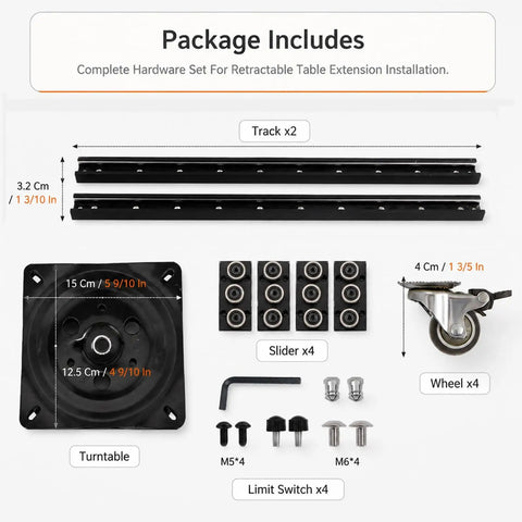360 Degree Rotating Island Slide Track And Countertop Extension Rail Kit With Lockable Swivel Casters, complete hardware set.