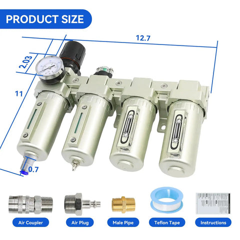 Heavy Duty Half Inch Compressor Air Dryer With Four Stage Dual Filter Rig And Auto Drain Valve, product dimensions 12.7x2.03x11 inches.