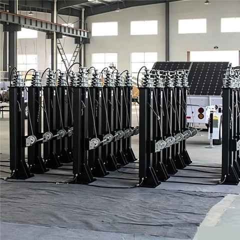 Electric Motorized Telescopic Mast 6.5M Aluminum Broadcast Antenna Pole in warehouse with multiple units ready for deployment.