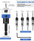 Four Piece Pro Grade Countersink Drill Bit Set With Depth Stop For Woodworking, HSS M2 Tapered Bits, Hex Shank, Wrench Included