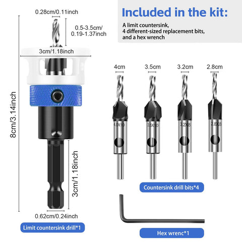Four Piece Pro Grade Countersink Drill Bit Set With Depth Stop For Woodworking, HSS M2 Tapered Bits, Hex Shank, Wrench Included