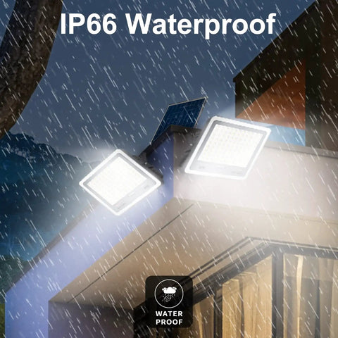 Two Pack 300W Solar Flood Lights Outdoor With Remote No Sweat, 30,000 Lumens Dimmable Security Lights, mounted on roof, IP66 waterproof