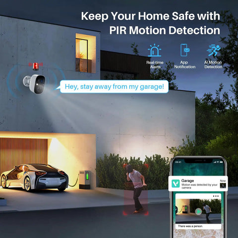 Outdoor installation of 2K Battery Powered Wireless Security Camera for Indoor Outdoor Use With AI Motion Detection, Color Night Vision, IP66 Weatherproof, showing real-time PIR motion alerts.