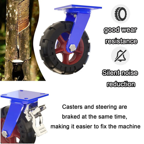Set Of Four 12 Inch Fixed Heavy Duty Industrial Caster Wheels With Brakes Solid Rubber Puncture Proof Casters for outdoor use.