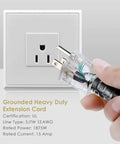 Hand plugging 50 Foot 12 Gauge Outdoor Power Extension Cord With Seven Outlets ETL Listed IP44 into wall socket