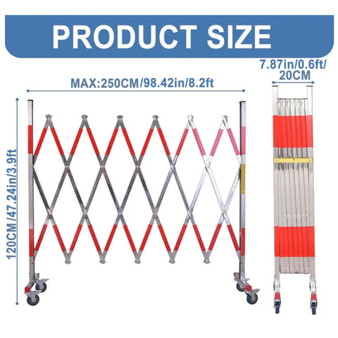 Tough Expandable Metal Barricade And Portable Folding Security Gate For Quick Road Closure Setup Plus Rock Solid Scissor Barrier showcasing dimensions and foldability.