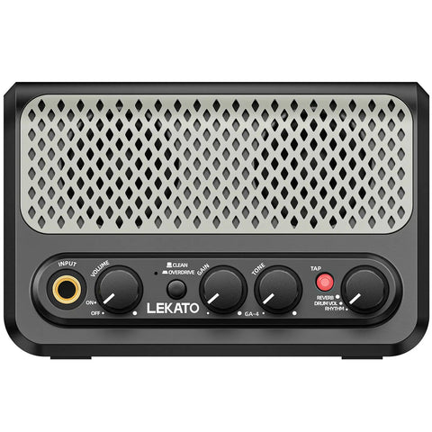 Front view of Portable 10W Bluetooth Guitar Amp With Built In Drum Machine Featuring 30 Patterns Clean And Drive Channel Reverb Rechargeable Battery Ultra Compact Practice Amp For Home Studio Or On The Go Jams, showing control knobs and input ports.