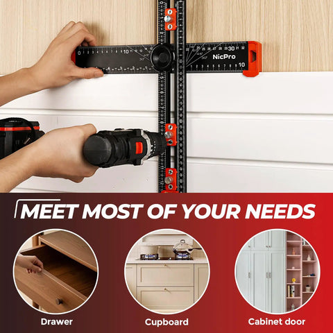 All In One 4 In 1 Drilling Positioning Scribing Ruler For DIY Pros used on cabinet door and drawer installation