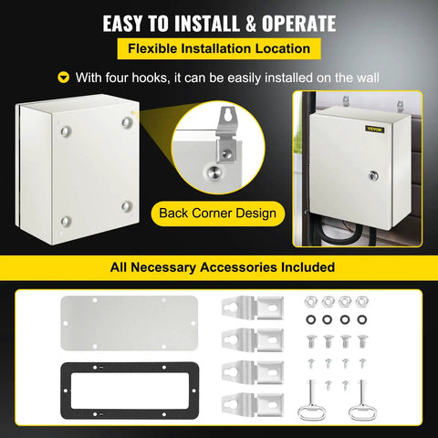 Heavy Duty 12 X 10 X 6 Inch Steel Electrical Enclosure Nema 4x Ip66 with installation hooks and accessories for quick setup.
