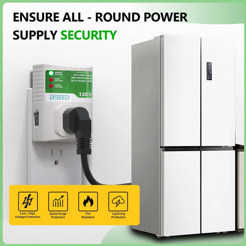 Heavy Duty Surge Protector For Refrigerator And Home Appliances 120V 20A 2400W Plug In Protector displayed next to a refrigerator